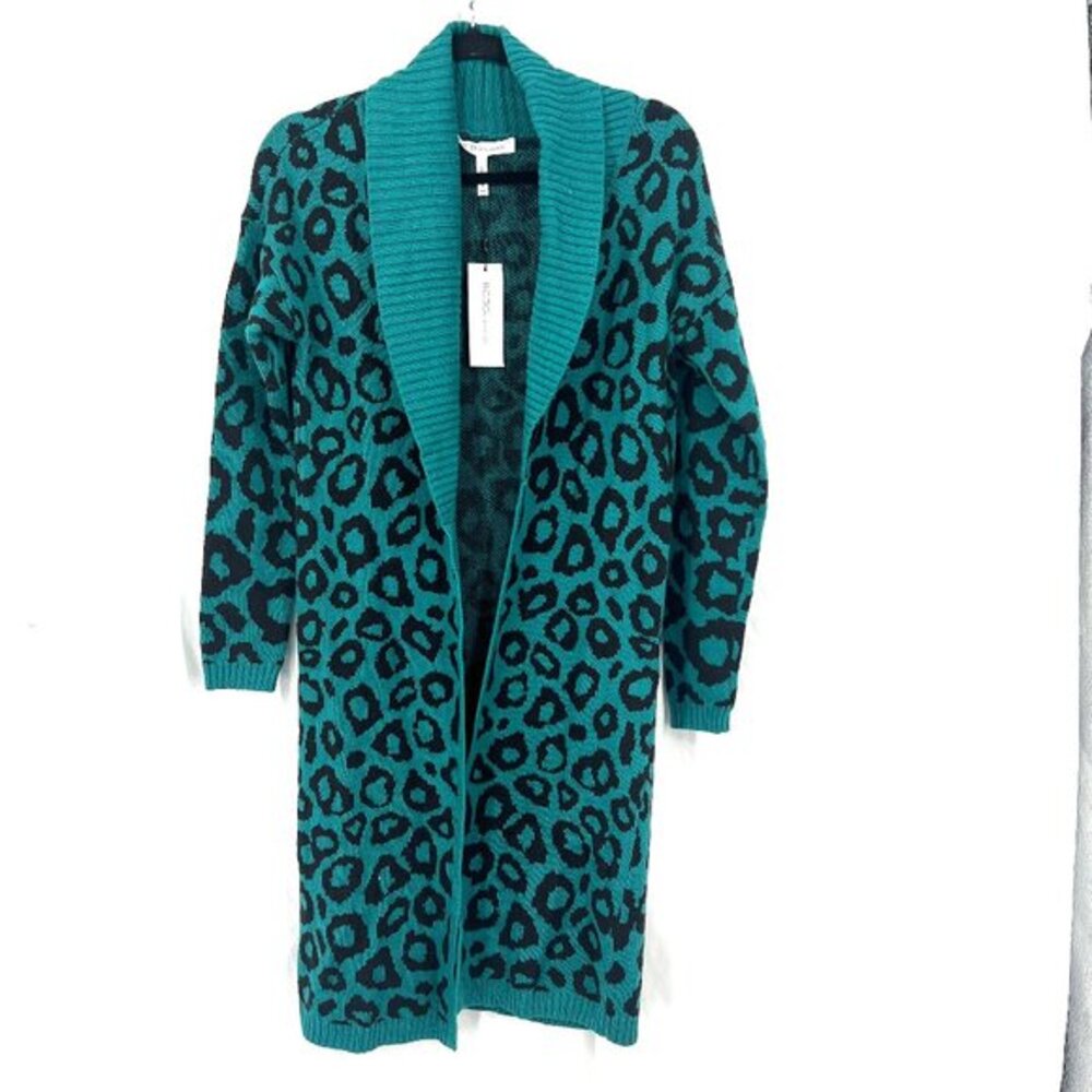 NEW BCBGeneration longline teal leopard animal‎ print cardigan sweater teal XXS